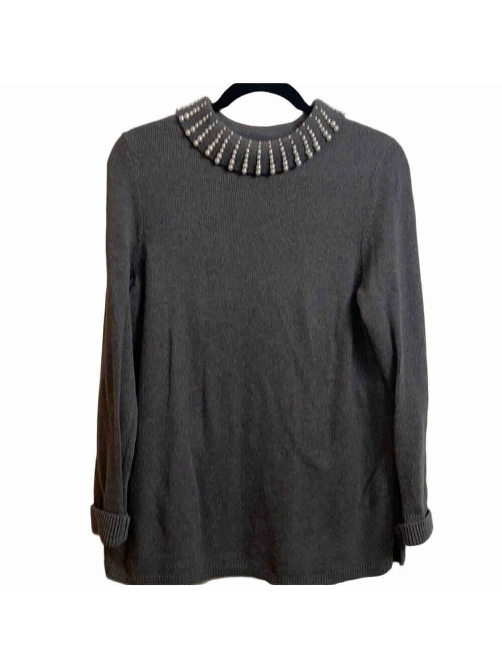 Pearl Beaded Cowl Neck Sweater Gray
